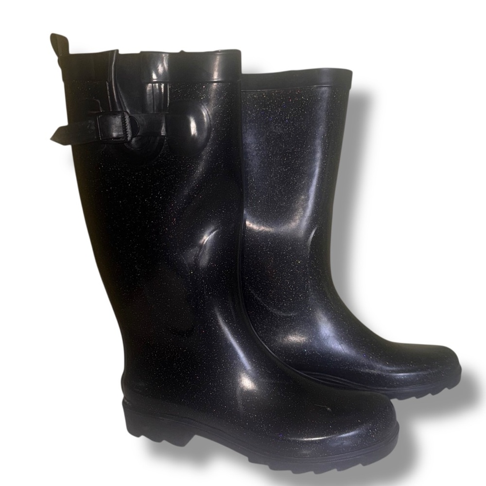 Capelli New York Ladies Solid Black Tall Rubber Rain Glitter Boot Size 7